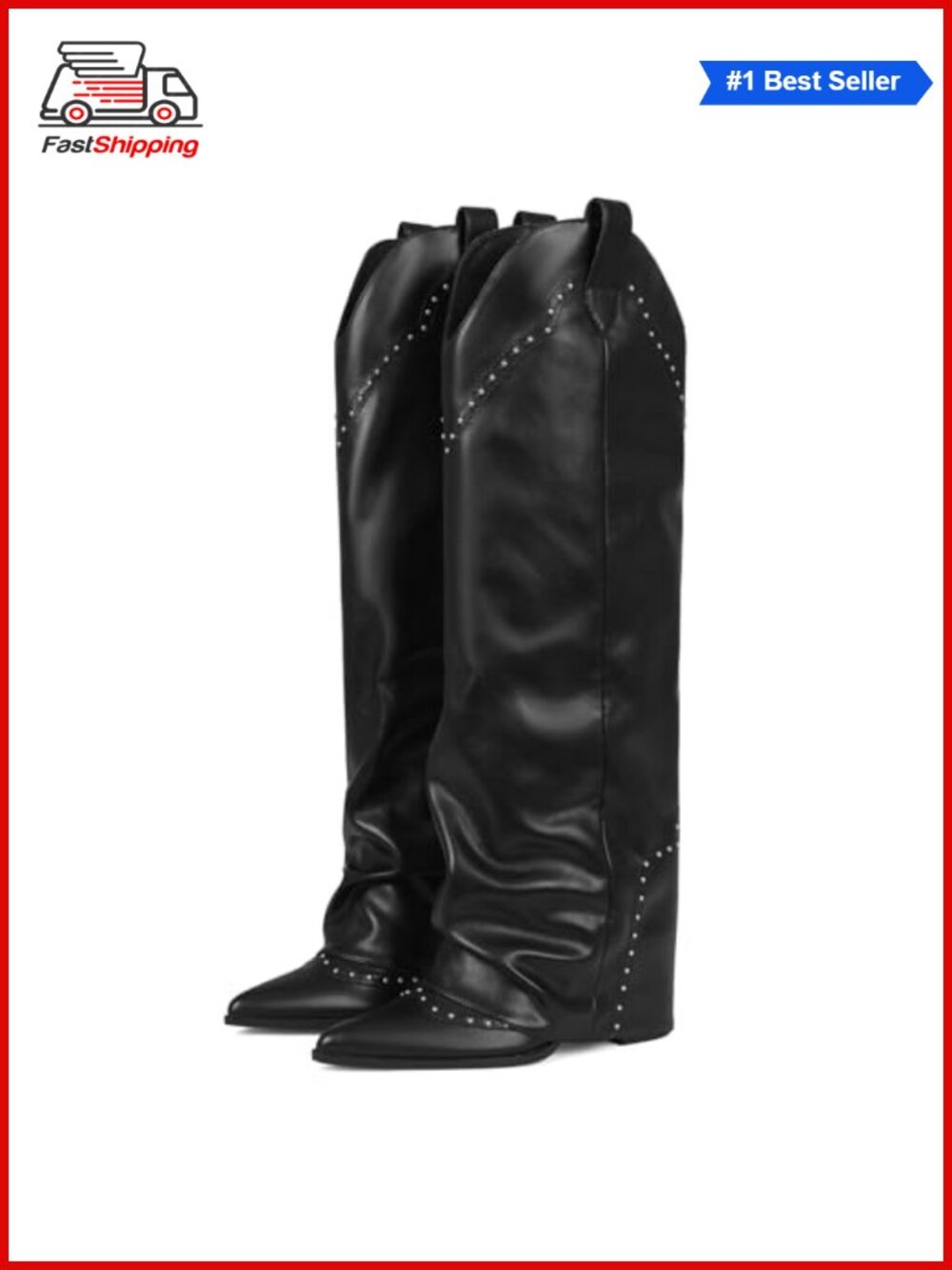 ✨ Knee High Boots Tall Cowboy Cowgirl Fold Over Vegan Leather Block Heel